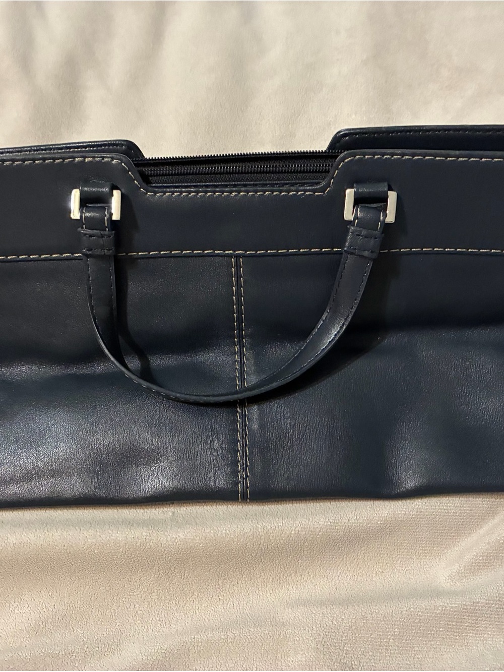 Anne Klein Navy Leather Shoulder Bag with Contrast Stitching